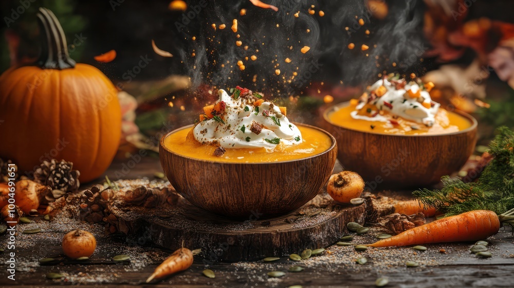 Fototapeta premium homemade autumn pumpkin and carrot soup with cream and seeds on rustic background. Generative Ai