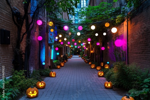 A creepy haunted alleyway on Halloween night, with flickering streetlights, shadows lurking in the corners, and glowing pumpkins scattered along the path photo