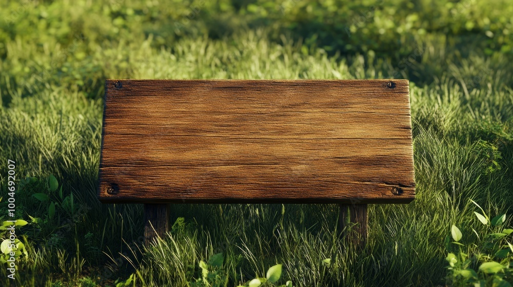A three-dimensional wooden signboard with a rectangular shape, showcasing a rough texture and a blank area for customization, isolated on a grassy field A three-dimensional wooden signboard with a rectangular shape, showcasing a rough texture and a blank area for customization, isolated on a grassy field