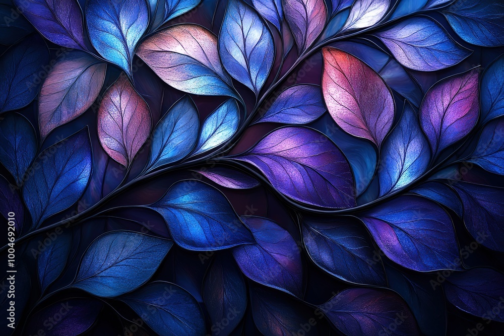 A blue leafy background with purple and pink leaves A blue leafy background with purple and pink leaves