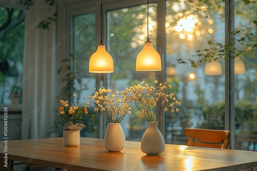 A table with a vase of flowers and two lamps A table with a vase of flowers and two lamps