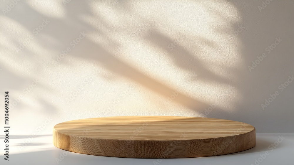 A wooden circular display platform with soft shadows against a light wall. A wooden circular display platform with soft shadows against a light wall.