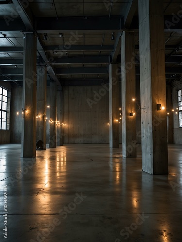 Industrial room with concrete pillars and lights on shiny floors.