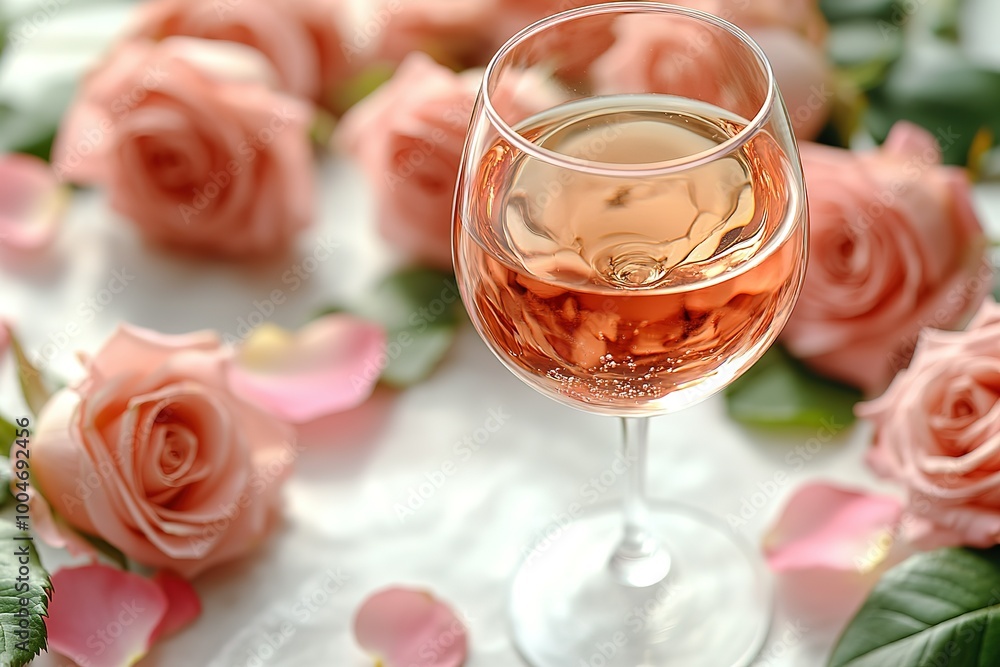 A glass of wine is on a table with pink roses A glass of wine is on a table with pink roses
