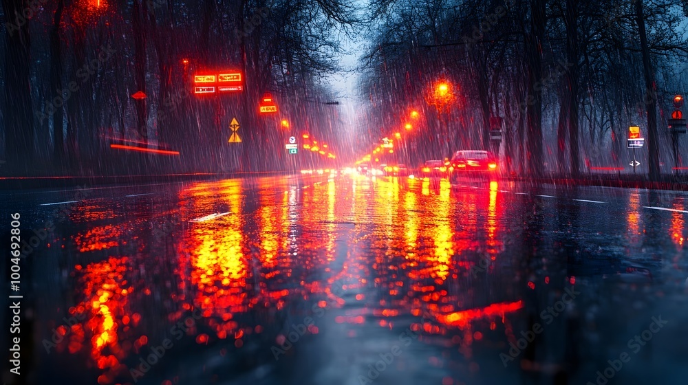 A rain-soaked highway at night, with streaks of colorful neon reflections from distant streetlights and signs glistening on the wet asphalt, as taillights blur in the distance