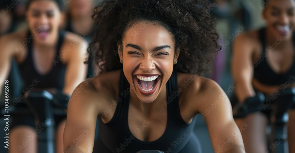 Athletes in a group spinning class at the gym, cycling indoors with joy and teamwork towards their fitness goals Athletes in a group spinning class at the gym, cycling indoors with joy and teamwork towards their fitness goals
