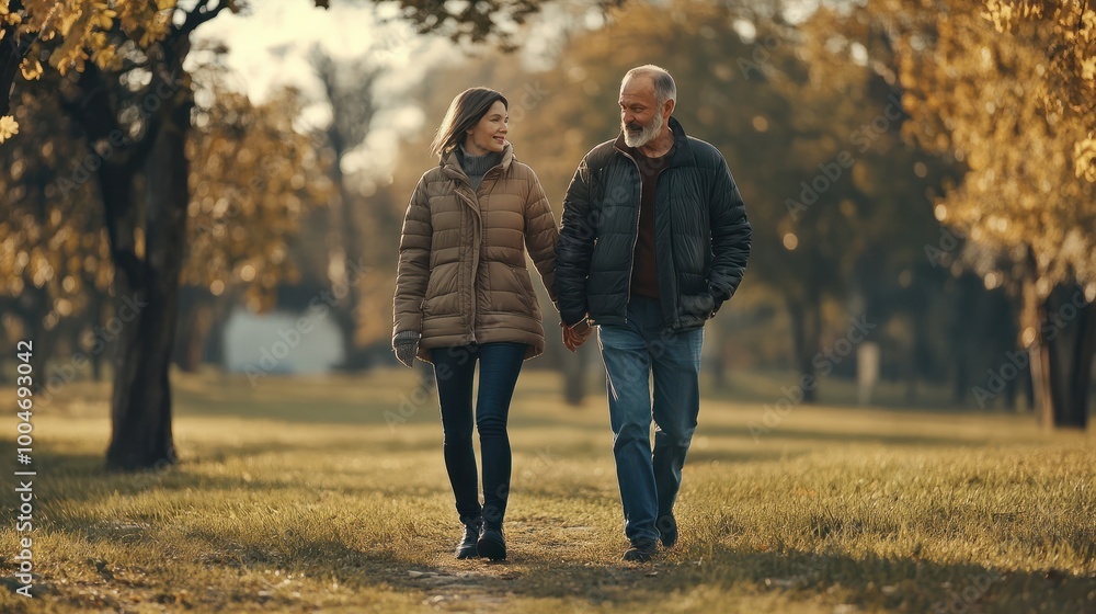 Fototapeta premium Middle aged love couple walking outside in a park, healthy, lifestyle