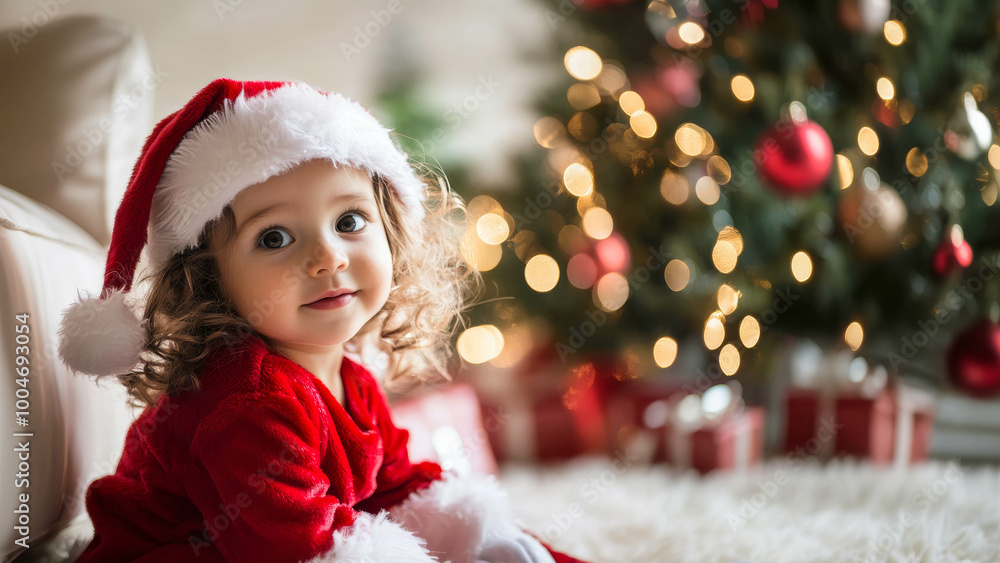 child dressed as santa opens presents next to christmas tree child dressed as santa opens presents next to christmas tree
