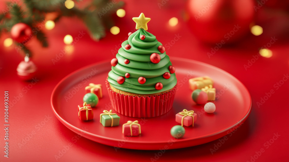 cupcake in the shape of a Christmas tree, on a red plate, next to the cupcake are small candies in the shape of gifts cupcake in the shape of a Christmas tree, on a red plate, next to the cupcake are small candies in the shape of gifts