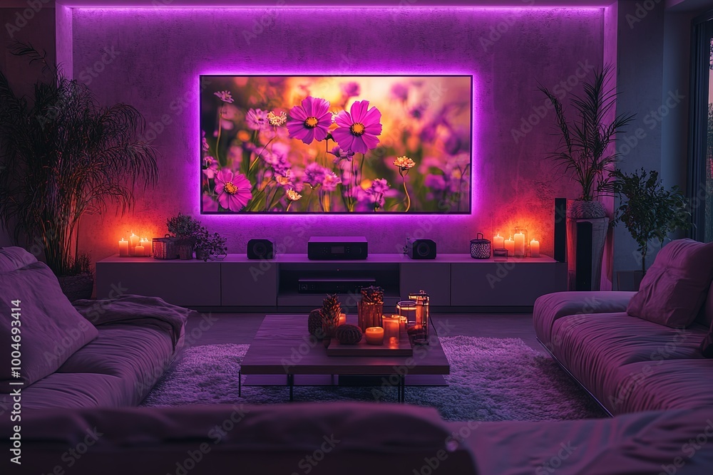 A living room with a large television on a wall and a couch in front of it A living room with a large television on a wall and a couch in front of it