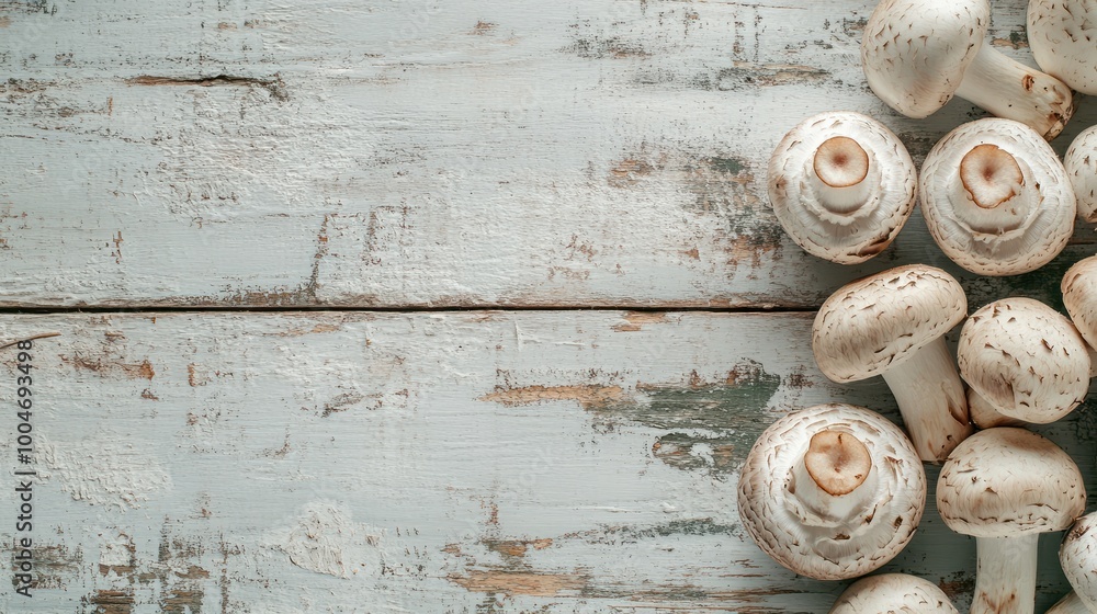 Mushrooms placed on a light weathered wooden table vegan concept close up view copy space Mushrooms placed on a light weathered wooden table vegan concept close up view copy space