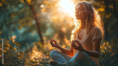 mindfulness meditation for self-care and mental health with a woman practicing in a serene natural environment showcasing peace calm and balance achieved through mindfulness outdoors photo