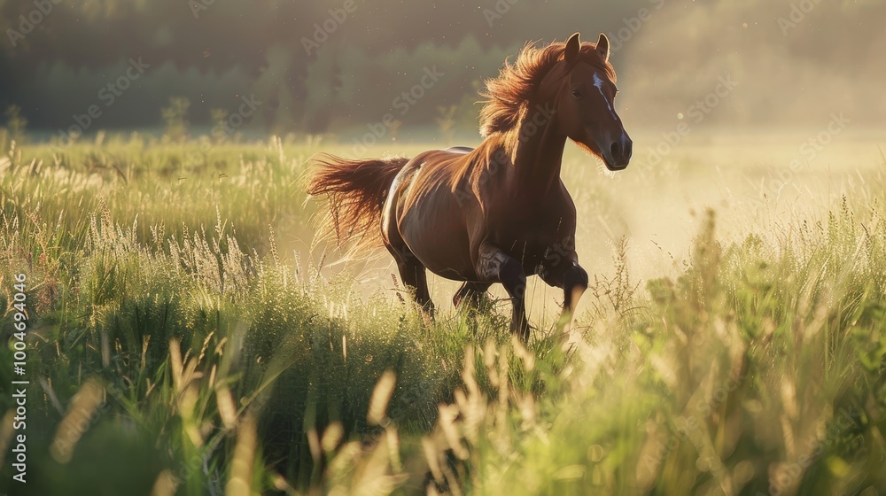 Fototapeta premium Majestic Wild Horse Galloping in Sunlit Meadow - Nature, Wildlife, and Animal Photography