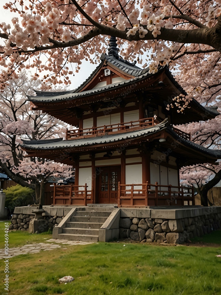 Japanese pagoda with cherry blossoms falling. Japanese pagoda with cherry blossoms falling.