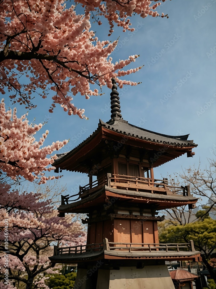 Japanese pagoda with cherry blossoms falling. Japanese pagoda with cherry blossoms falling.