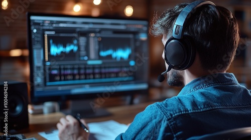 podcast production in progress with person writing script while wearing headphones with audio waveform on computer screen and notes on paper representing creativity and content creation