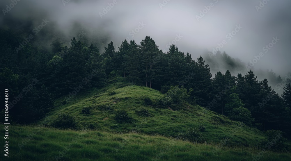 Fototapeta premium A serene hillside is enveloped in fog, showcasing a lush green landscape with towering trees under a cloudy sky