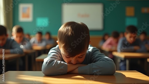 A little schoolboy sits alone at a desk in class and falls asleep while sitting