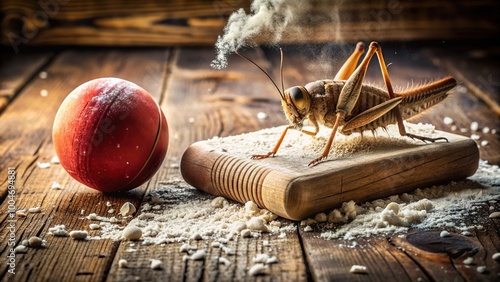 Cricket sits on vintage wooden table surrounded by scattered flour, cricket ball and broken wickets, conveying nostalgic rustic charm of rural village cricket match. photo