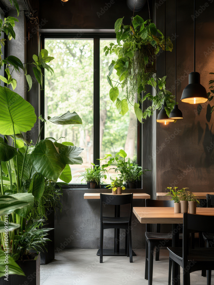 Modern Cafe with Lush Green Decor and Natural Light Modern Cafe with Lush Green Decor and Natural Light