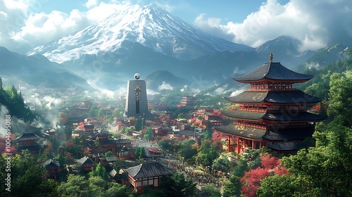 Fantasy Asian Cityscape with Pagoda and Mountain Background