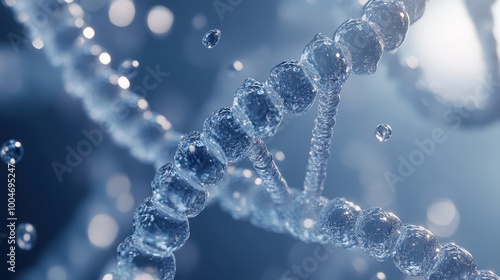 Close-up of DNA strands with water droplets on a blue background, illustrating the essence of molecular biology.