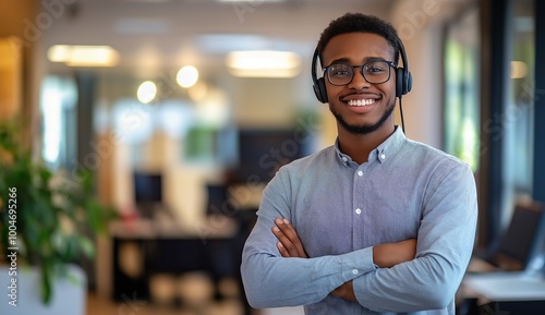 In an office setting, a youthful call center employee crosses his arms and smiles while wearing a headset