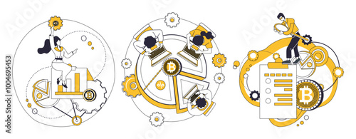 Cryptocurrency vector illustration. Investment, gardener, tends to seeds cryptocurrency, nurturing garden financial abundance Blockchain. Bitcoin, blockchain and cryptocurrency concepts