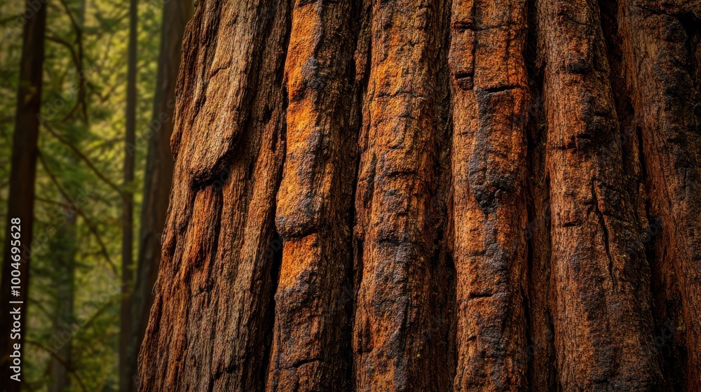 A close-up of the textured bark of a giant redwood tree, with deep grooves and warm brown tones, set against a blurred background of a forest A close-up of the textured bark of a giant redwood tree, with deep grooves and warm brown tones, set against a blurred background of a forest