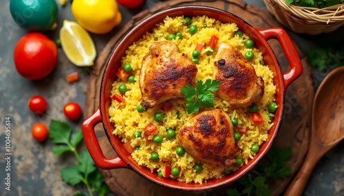Cuban Arroz con Pollo Chicken and Rice Dish with Vegetables and Green Peas (Cuban Cuisine)