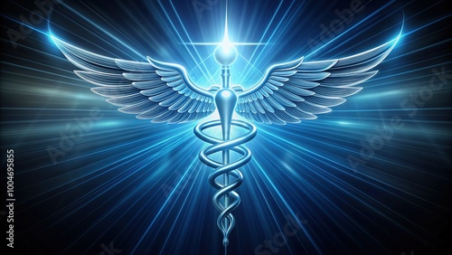 Stylized medical symbol with intricate wings and light rays bursting out, conveying innovation and brightness in healthcare industry branding. photo