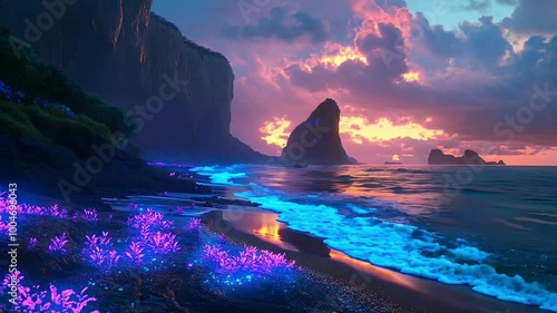 Seamless Looping Coastal Sunset with Bioluminescent Plants