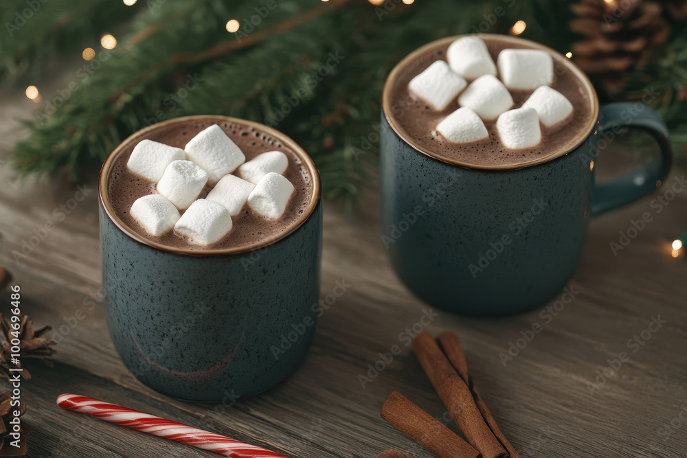 Cozy Winter Hot Chocolate with Marshmallows and Festive Decorations Cozy Winter Hot Chocolate with Marshmallows and Festive Decorations