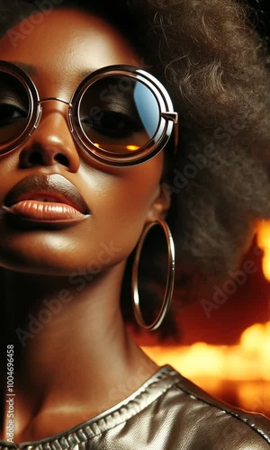 A stunning individual showcases bold sunglasses and captivating fashion amidst a vibrant, fiery background, embodying confidence and artistic expression