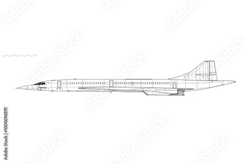 BAC Sud Aviation Concorde. Vector drawing of supersonic airliner. Side view. Image for illustration and infographics.