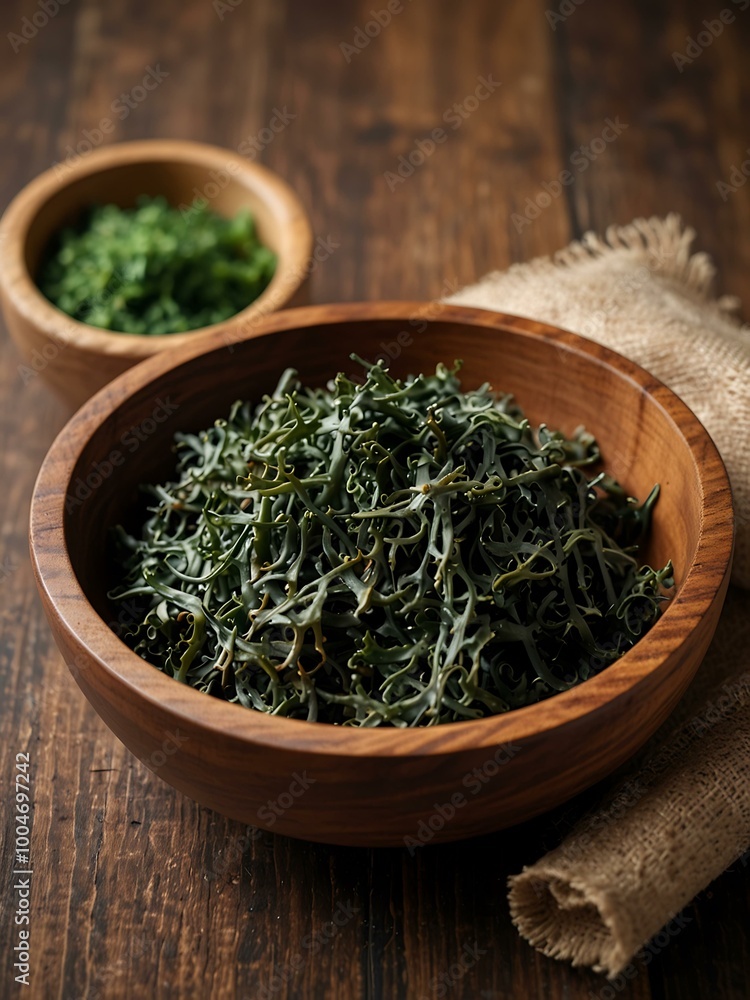 Laminaria seaweed in a wooden bowl. Laminaria seaweed in a wooden bowl.