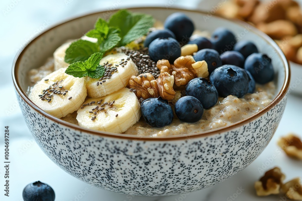 a healthy bowl of oat porridge topped with banana slices blueberries walnuts and chia seeds presented in a bright and inviting setting for breakfast or lunch a healthy bowl of oat porridge topped with banana slices blueberries walnuts and chia seeds presented in a bright and inviting setting for breakfast or lunch