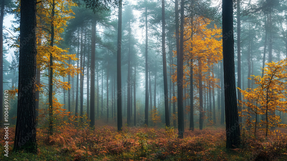 Obraz premium A foggy morning in a quiet forest with tall trees. 