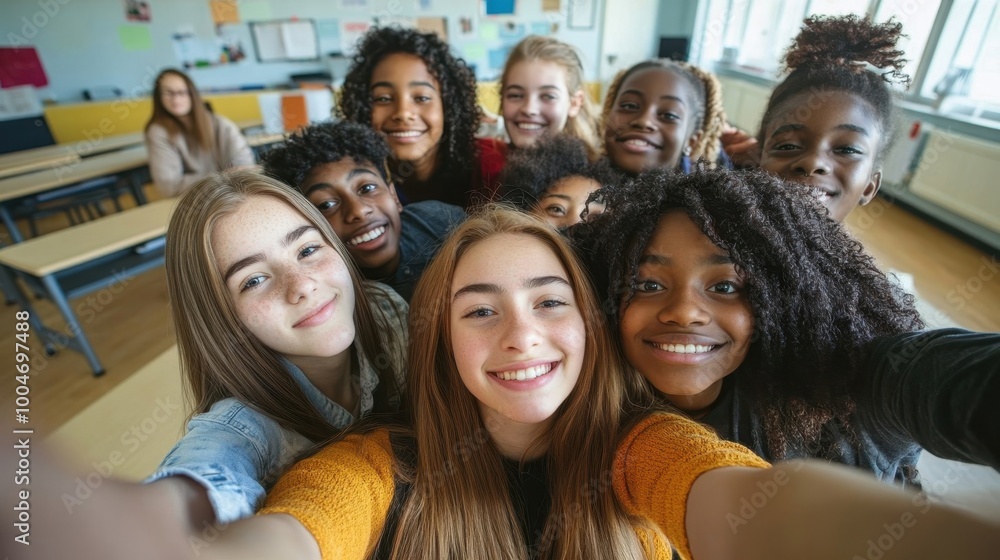 Happy young students taking a selfie portrait together in a university or school classroom. An American girl takes a photo with her smiling classmates. Friends at the Academy Happy young students taking a selfie portrait together in a university or school classroom. An American girl takes a photo with her smiling classmates. Friends at the Academy