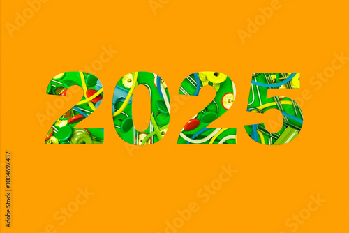 A colorful 2025 design on a bright orange background with bright numbers filled with stationery in different colors.