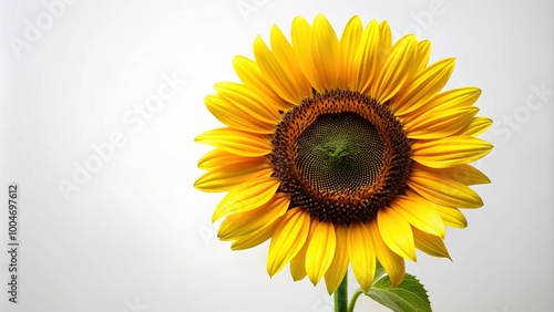 Bright yellow sunflower with large petals and dark center standing tall against a clean and crisp white background, symbolizing warmth and happiness.