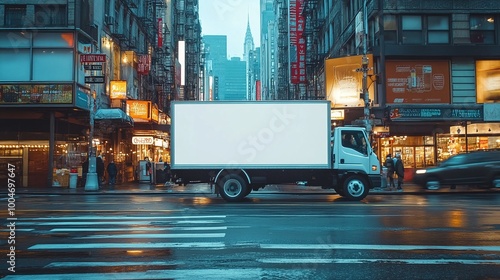 Fototapeta Naklejka Na Ścianę i Meble -  custom branding opportunity with small truck featuring blank white mockup driving through a bustling city street highlighting urban marketing and advertising concepts for business promotion