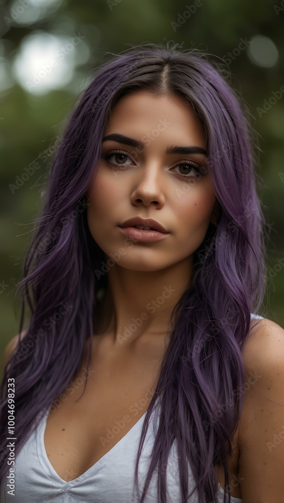 Latin model showcasing purple hair outdoors. Latin model showcasing purple hair outdoors.