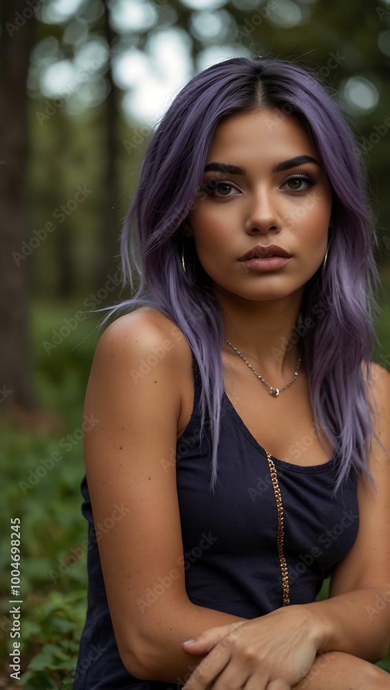 Latin model showcasing purple hair outdoors. Latin model showcasing purple hair outdoors.