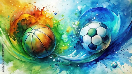 Vibrant watercolor illustration of abstract soccer ball and basketball textures, swirled with blue and green hues, evoking a sense of dynamic athletic energy. photo