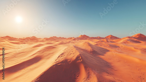 Wide expanse of an empty desert with sand dunes, stretching under a clear sky –