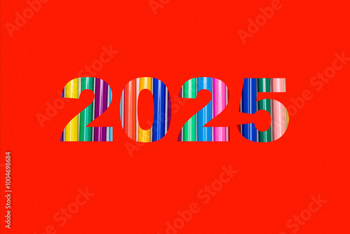 Colorful 2025 design on a vibrant red background featuring bold striped numbers in multiple colors