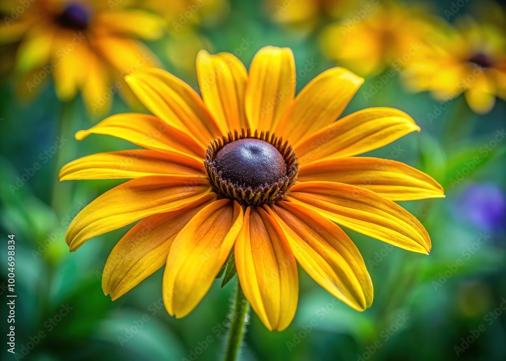 Obraz premium Vibrant yellow petals and dark centers of Rudbeckia flowers shine brightly against a soft green background, showcasing their large, daisy-like blooms and slender stems.