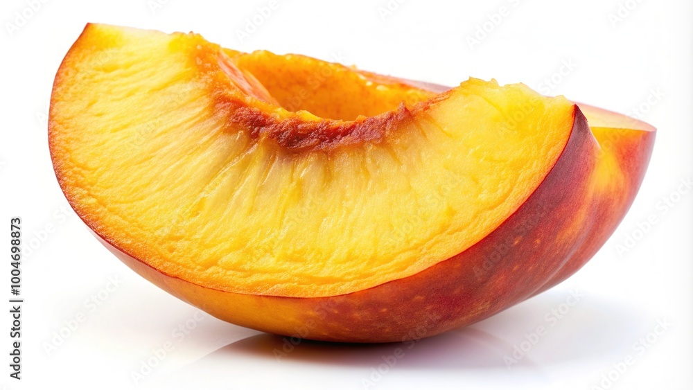 Fresh juicy slice of peach fruit isolated on a white background, displaying the velvety texture and vibrant orange-yellow color of the ripe summer delight. Fresh juicy slice of peach fruit isolated on a white background, displaying the velvety texture and vibrant orange-yellow color of the ripe summer delight.