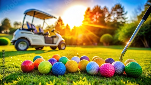 Colorful golf balls and junior-sized golf clubs lie on a lush green grass near a golf cart on a sunny day at a kid-friendly course. photo